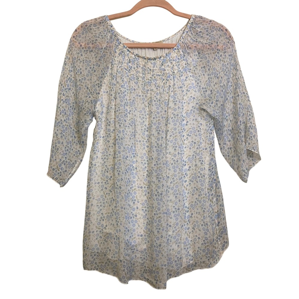 Giusy Made in Italy Silk Floral Smocked Blouse Blue White 3/4 Sleeve Medium